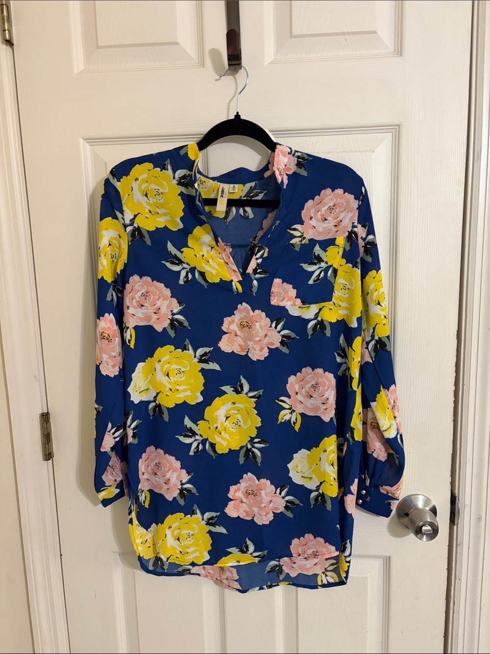 Women's Floral V-Neck Blouse - Blue with Yellow & Pink Roses
